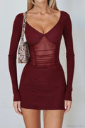 Long Sleeve Cutout V-Neck Elegant Bodycon Mini Dress