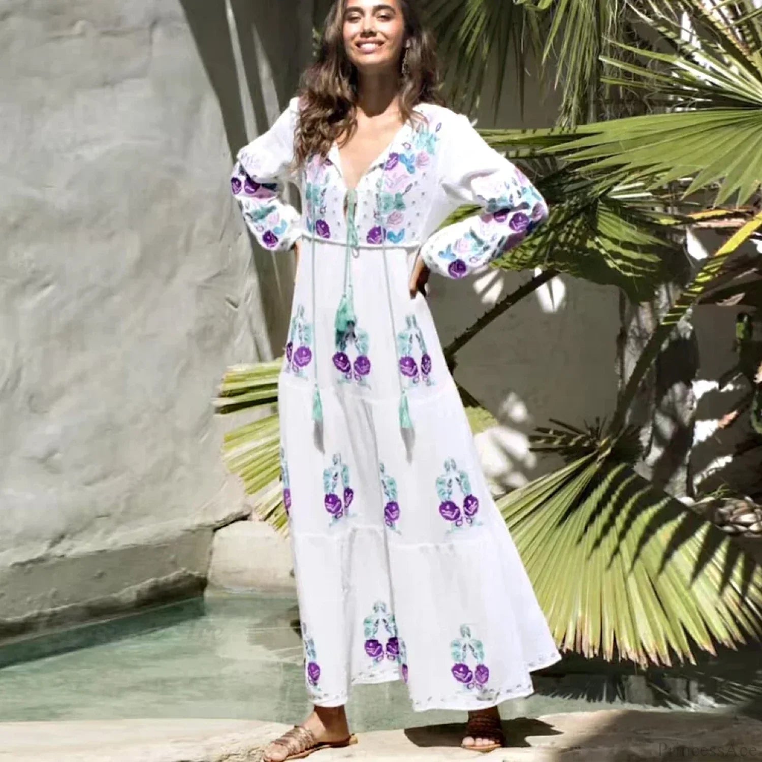 Long Sleeve Ethnic Tunic Maxi Dress
