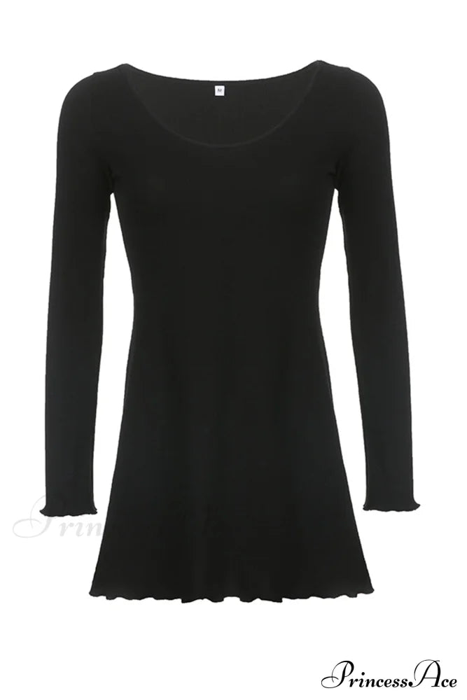 Long Sleeve Lacework Hem Dress with Round Neck