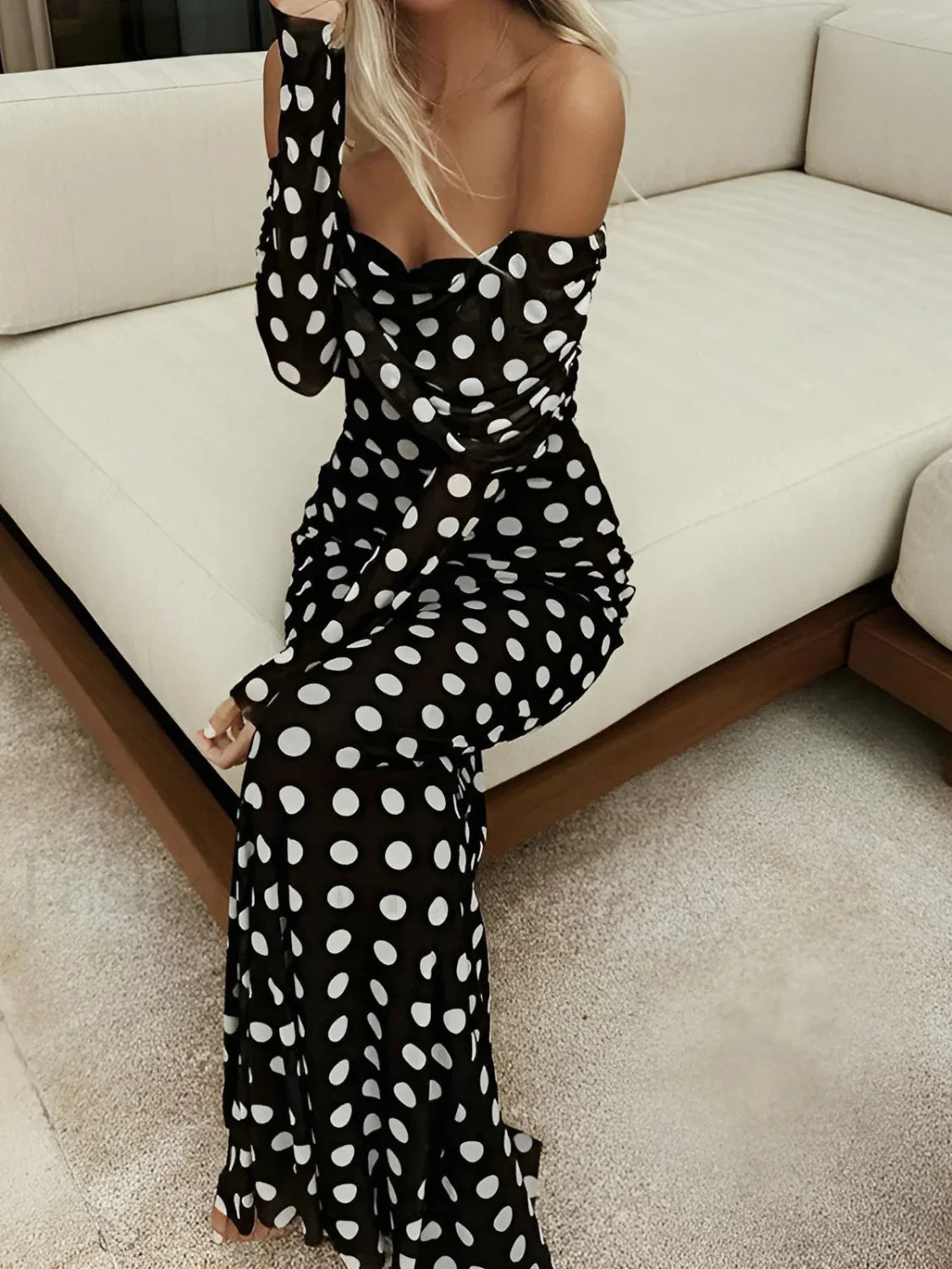 Black Long Sleeve Off Shoulder Polka Dot Print Long Dress