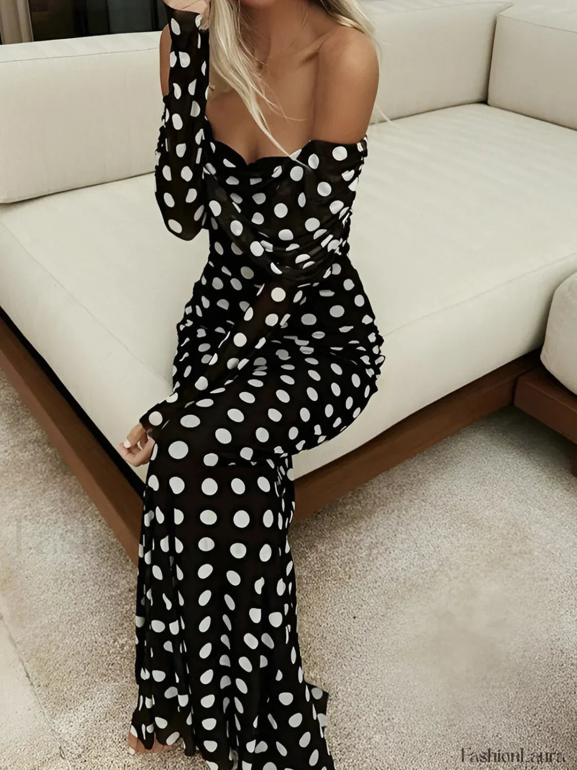 Black Long Sleeve Off Shoulder Polka Dot Print Long Dress