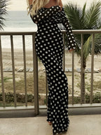 Black Long Sleeve Off Shoulder Polka Dot Print Long Dress