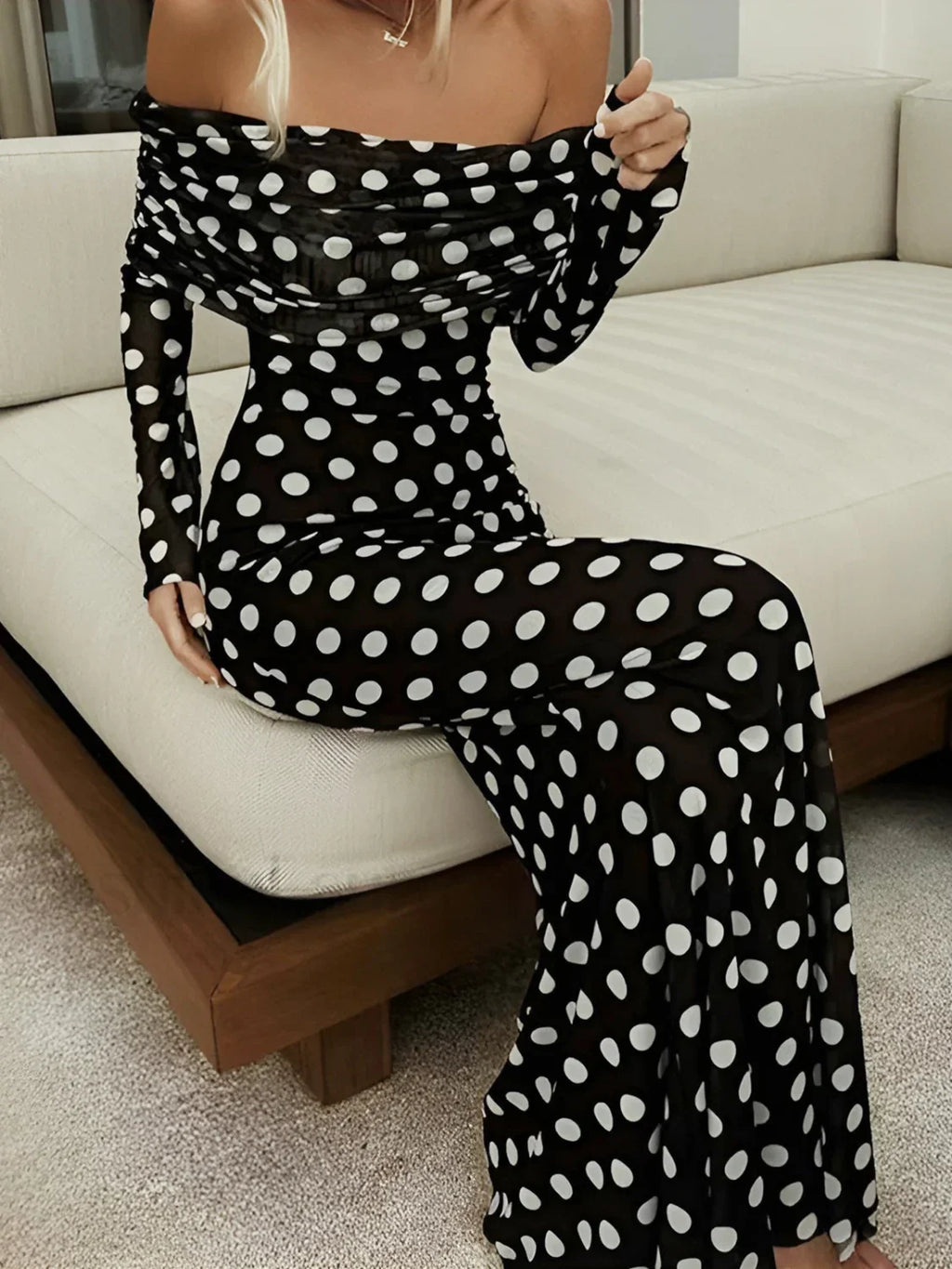Black Long Sleeve Off Shoulder Polka Dot Print Long Dress