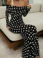 Black Long Sleeve Off Shoulder Polka Dot Print Long Dress