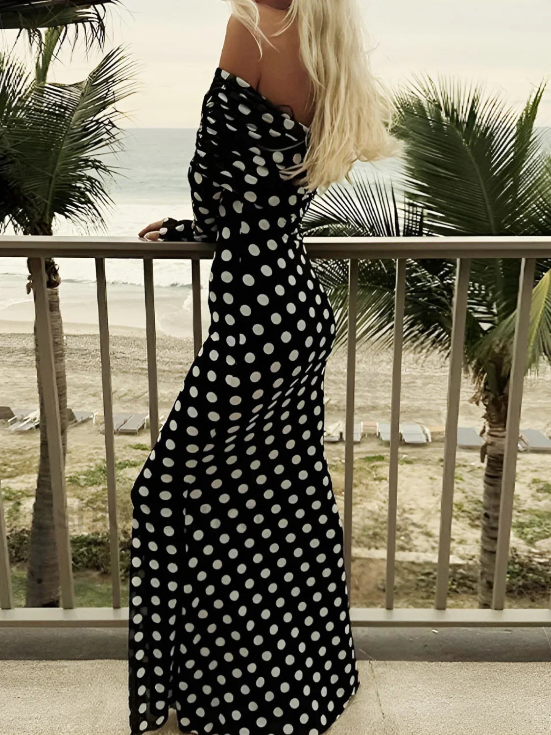 Black Long Sleeve Off Shoulder Polka Dot Print Long Dress