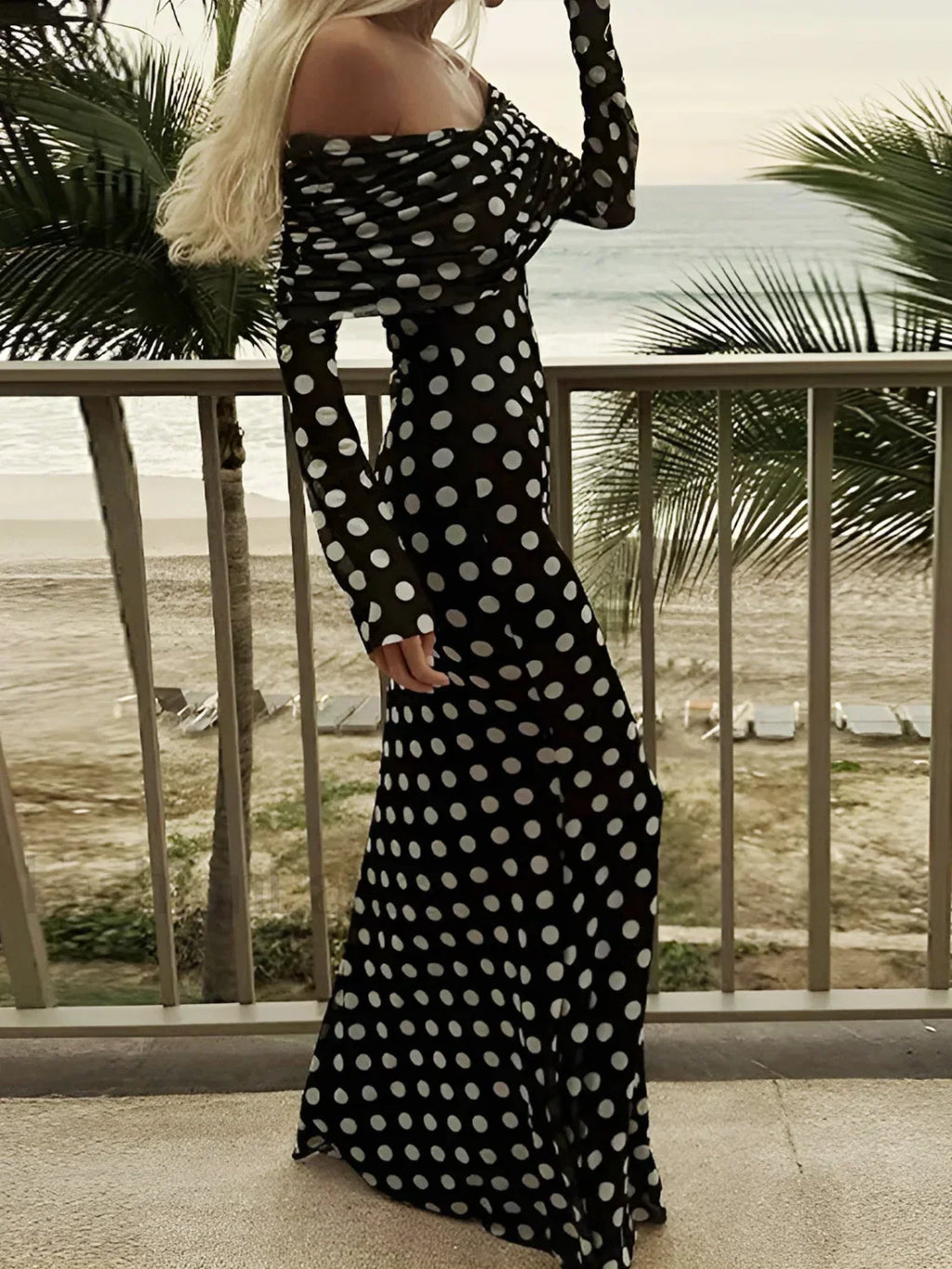 Black Long Sleeve Off Shoulder Polka Dot Print Long Dress