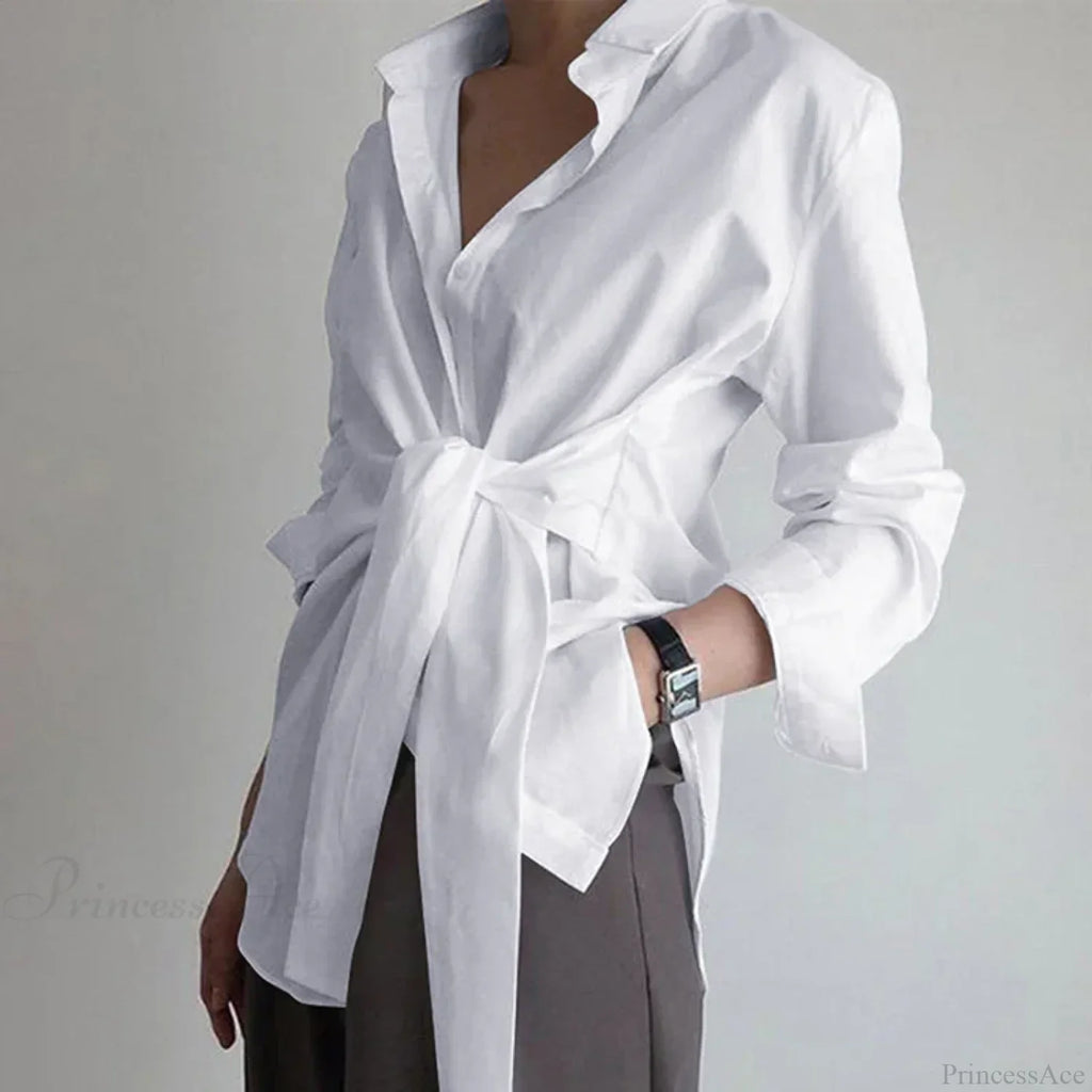 Long Sleeve Ruched Lace-up White Blouse