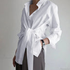 Long Sleeve Ruched Lace-up White Blouse