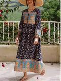 Long Sleeve Tie Neck Ethnic Floral Print Loose Kaftan Maxi Boho Dress