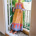 Long Sleeve Tie Neck Ethnic Yellow Floral Print Cotton Maxi Boho Dress