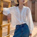 Long Sleeve V-Neck Hollow Out Floral Lace Boho Blouse
