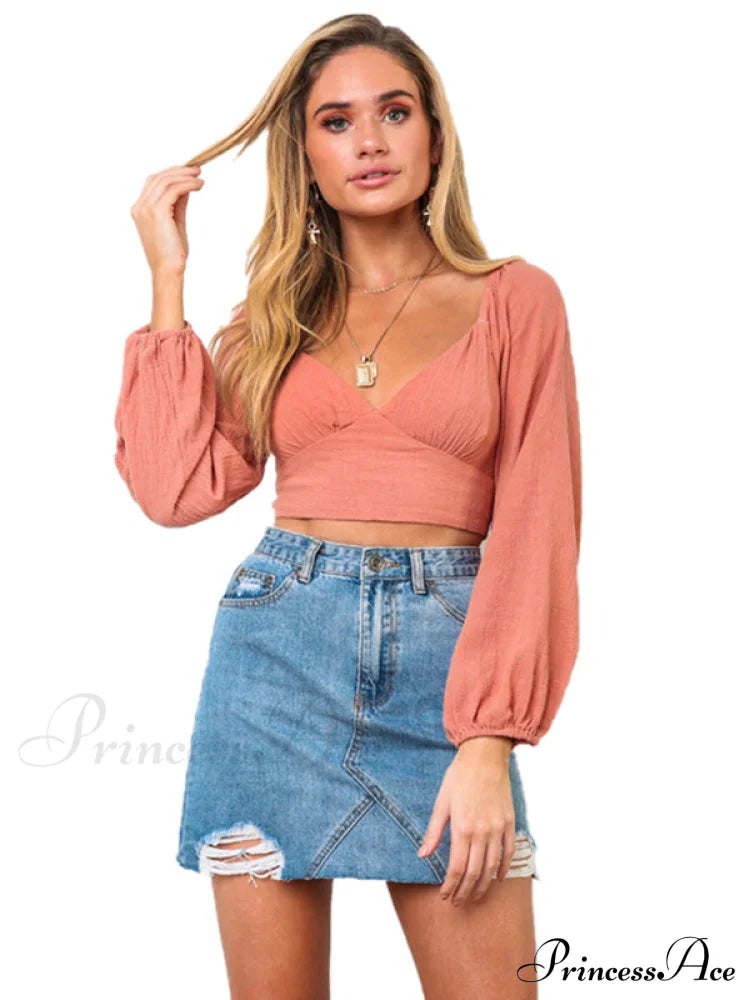 long-sleeved with strap crop top V-neck Women's tie