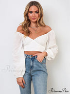 long-sleeved with strap crop top V-neck Women's tie