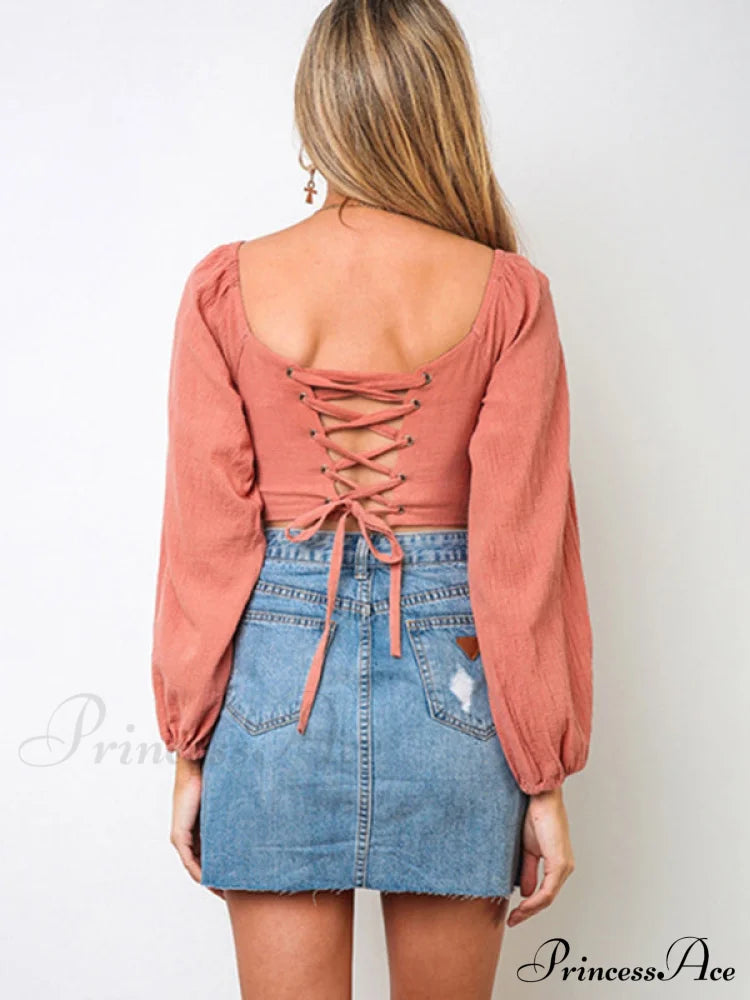 long-sleeved with strap crop top V-neck Women's tie