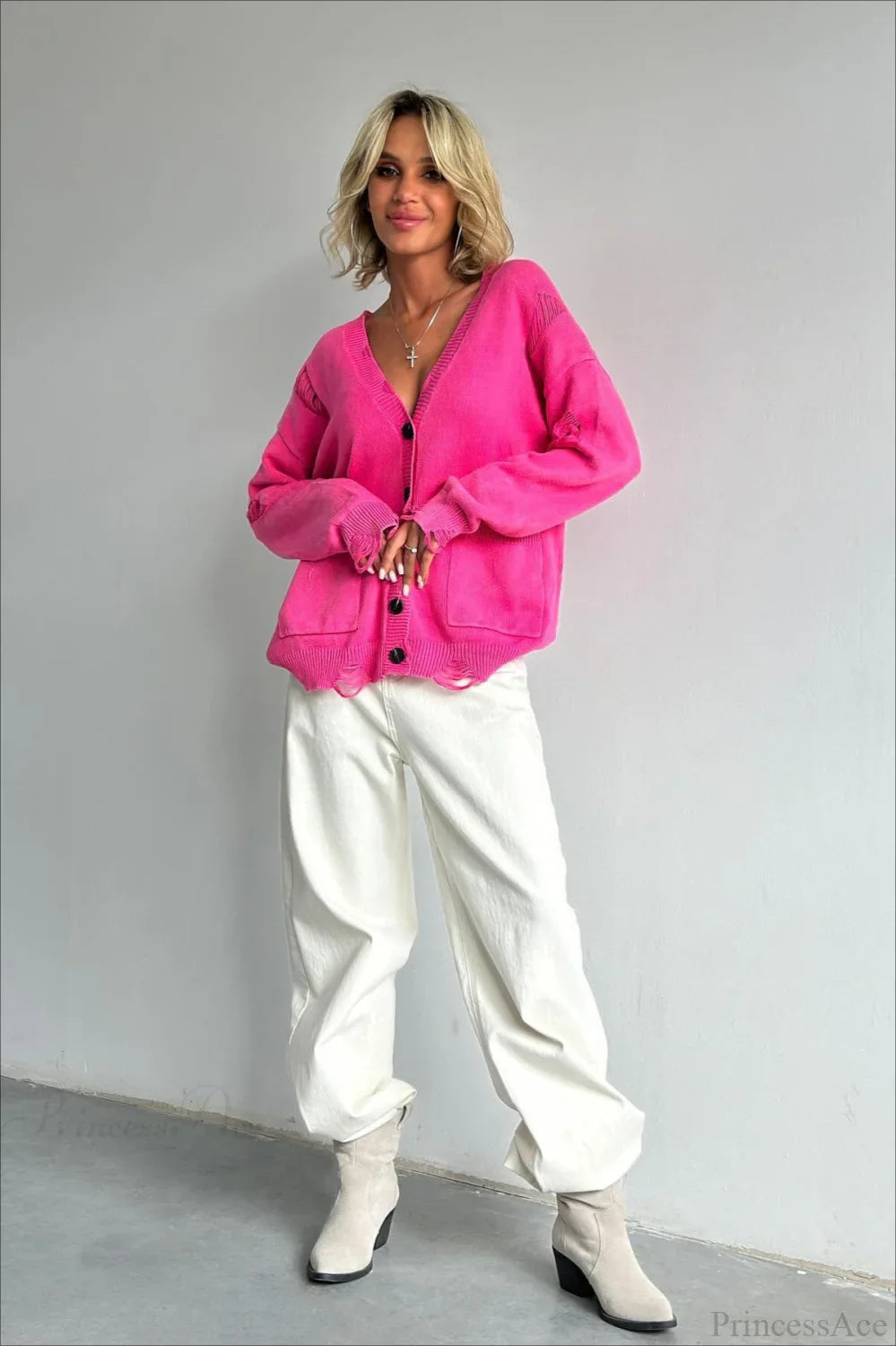 Loose Deep V Neck Knit Button Cardigan