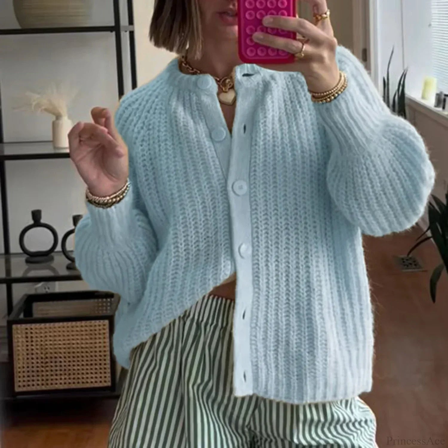 Loose Solid Crew Neck Button Cardigan
