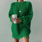 Loose Solid Ripped Round Neck Sweater