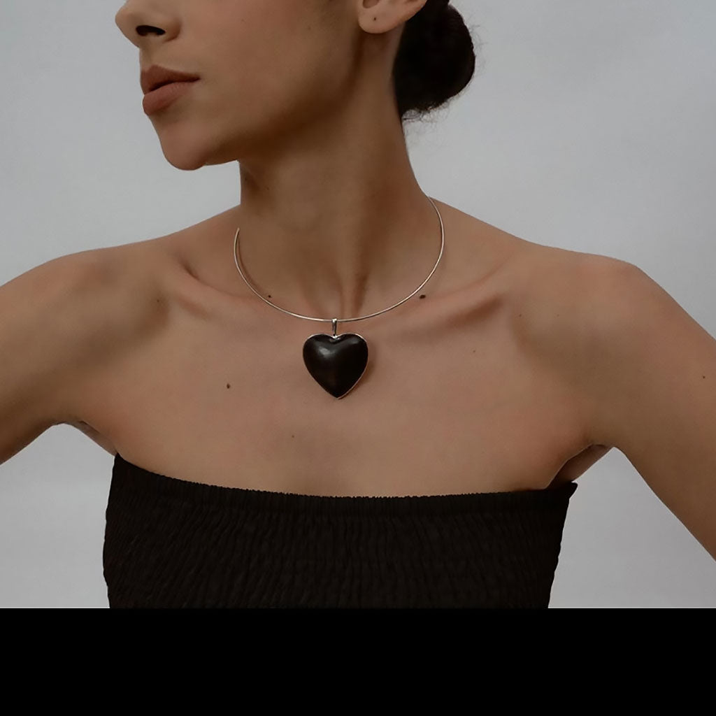 Sandalwood Heart Pendant Rhodium Plated Choker Necklace Love is Around