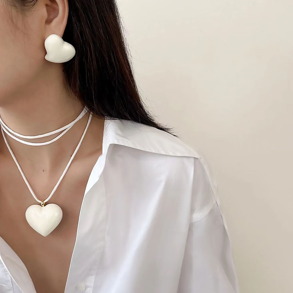 Heart Pendant Necklace with Two Tone Enameled Design and Wrapped Cord