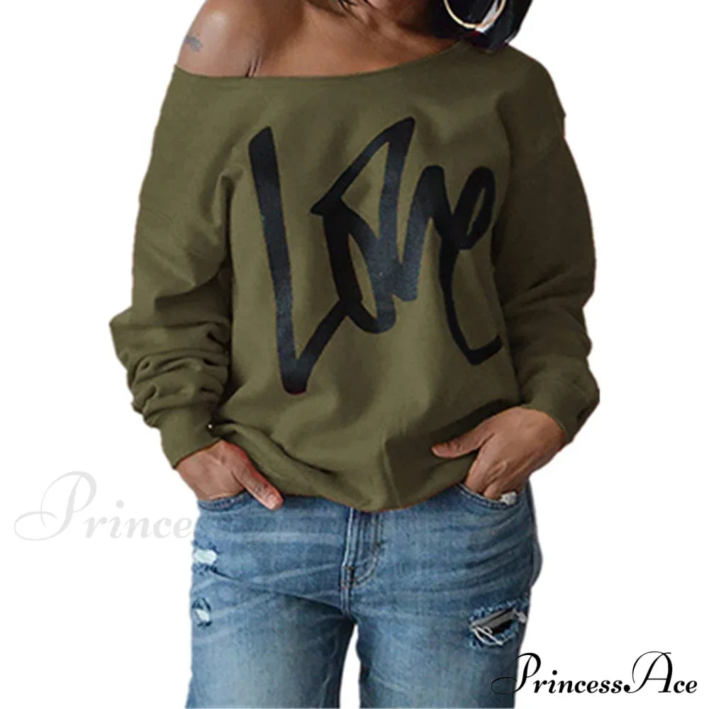 Love Tops Pullover for Patterned Off Slouchy Shoulder Sweatshirt Letter Women