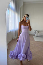Spaghetti Strap Scoop Neck Bubble Hem Ruffle Trim Midi Dress