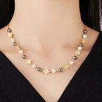 Cubic Zirconia Clover Pearl Cable Chain Bolo Slider Necklace