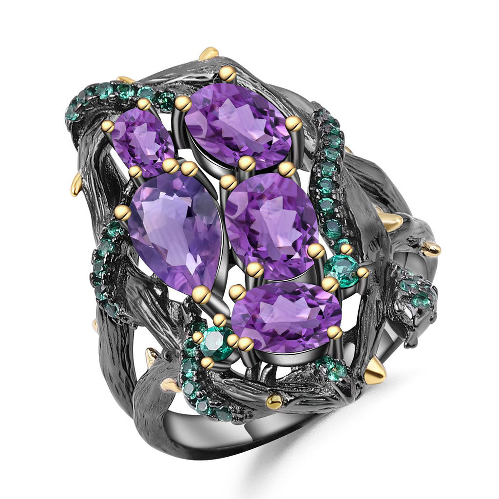 Emerald Green Nano Crystal Snake Ring with Natural Amethyst