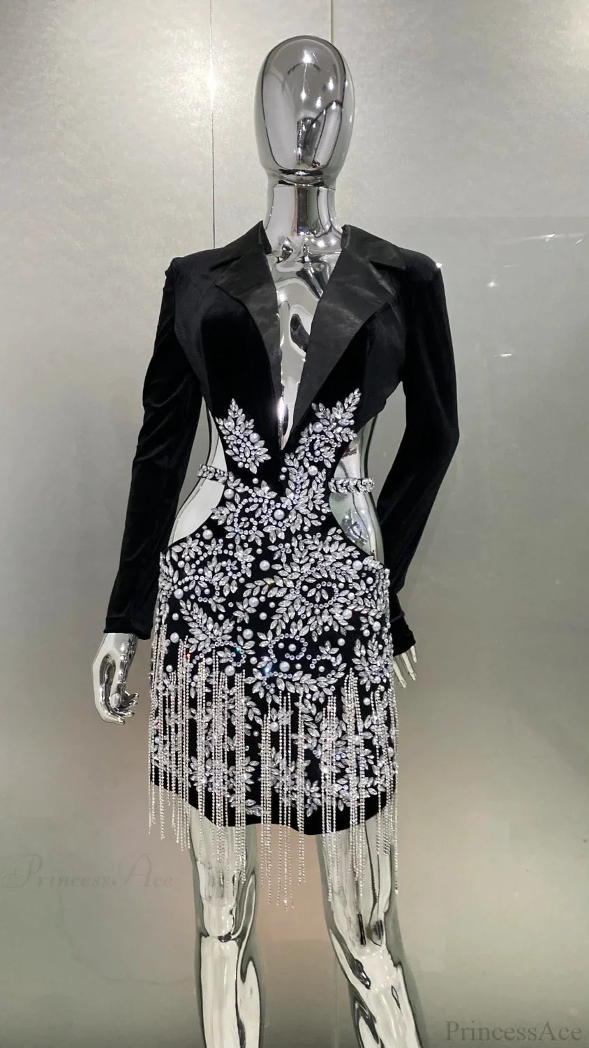 Luxury Diamonds Tassel Sexy Hollow Notched Black Mini Dress Evening Party Christmas Party Dress