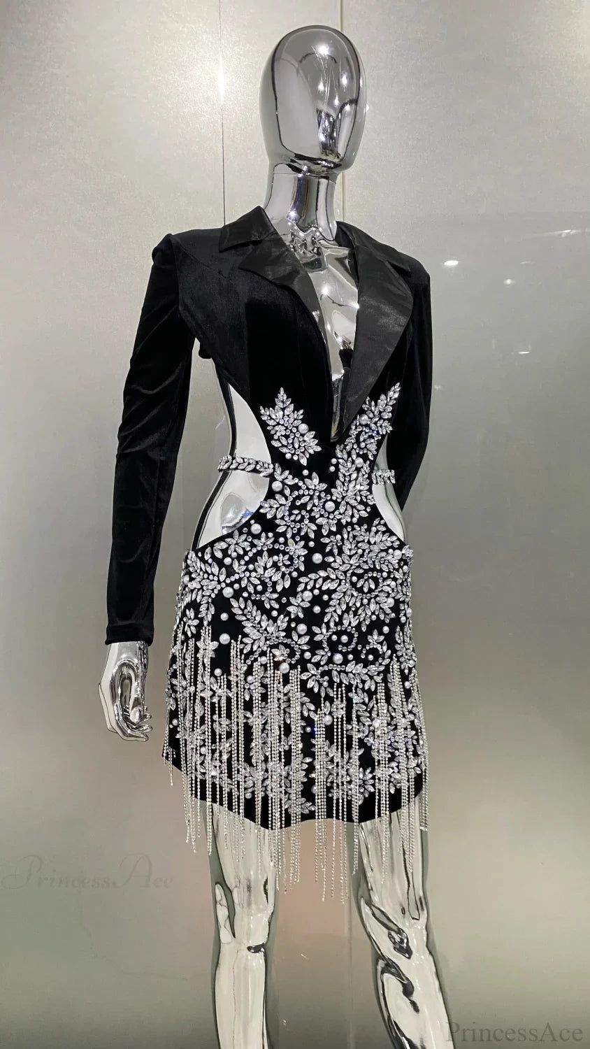 Luxury Diamonds Tassel Sexy Hollow Notched Black Mini Dress Evening Party Christmas Party Dress