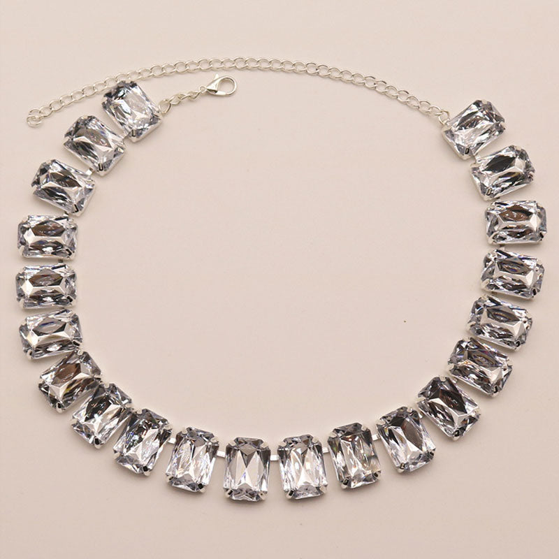 Emerald Cut Crystal Silver Plated Tennis Necklace - White