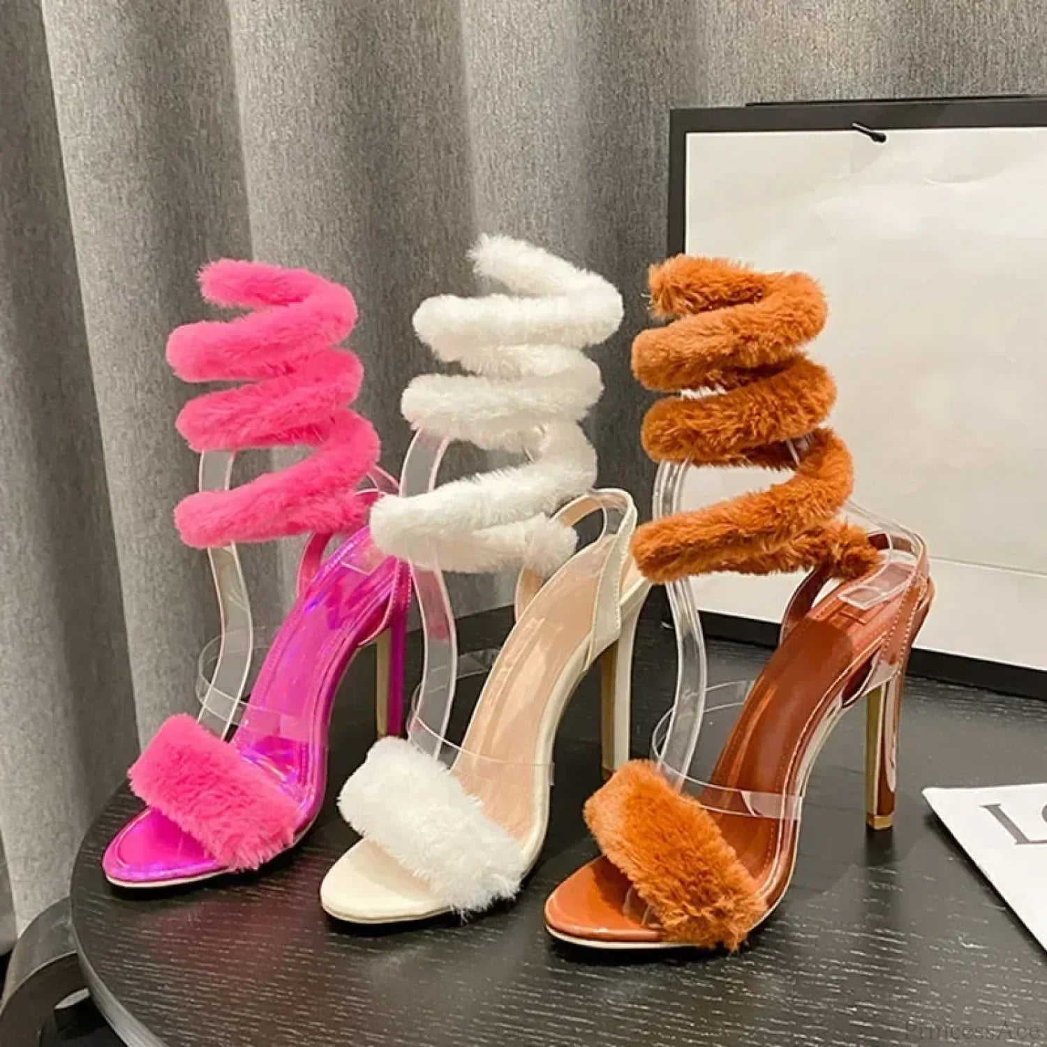 Luxury Furry Serpentine Winding High Heel Sandals Open Toe Ankle Strap Modern Wedding High Heel