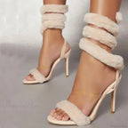 Luxury Furry Serpentine Winding High Heel Sandals Open Toe Ankle Strap Modern Wedding High Heel