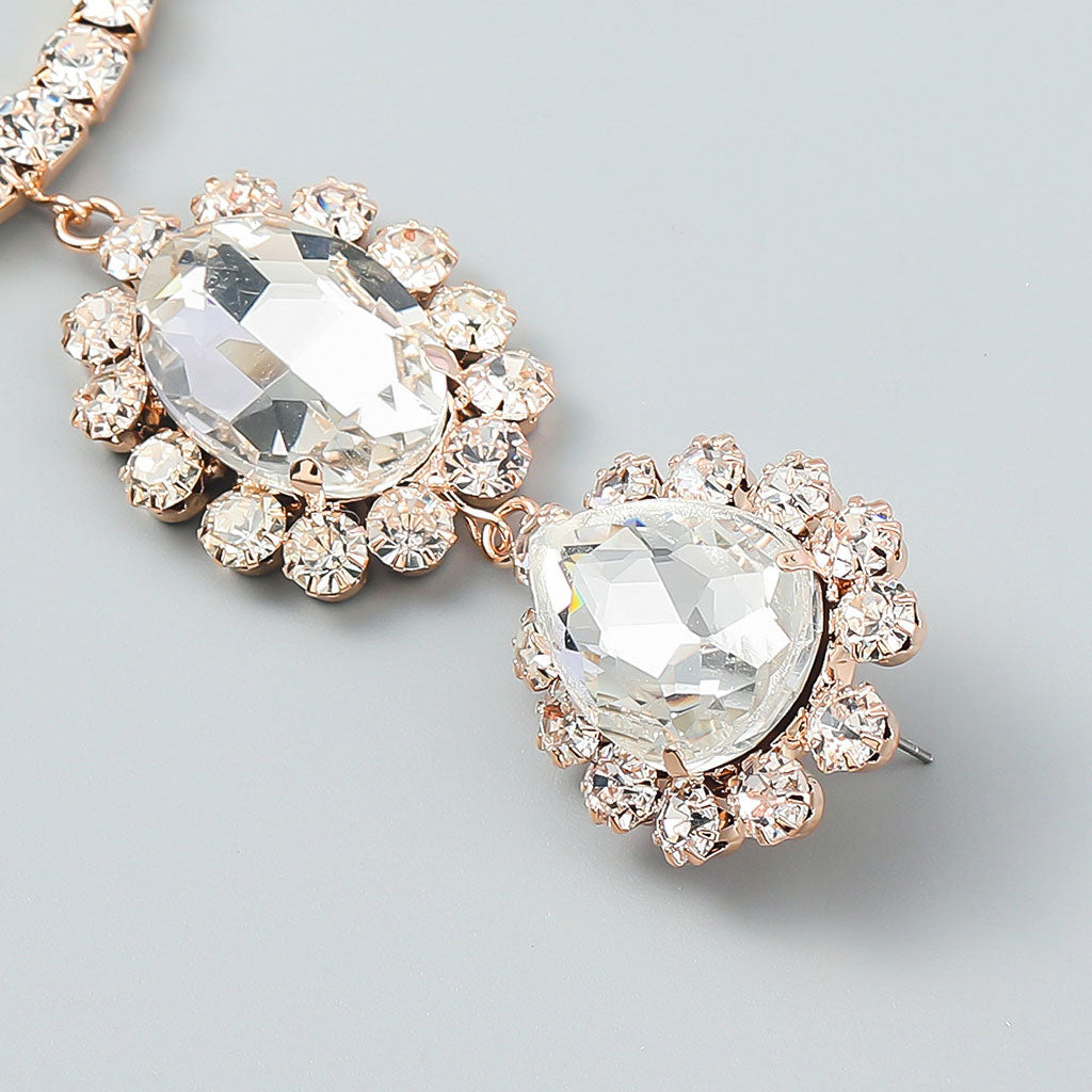 Gold Triple Drop Earrings with Luxury Gem Detail and Crystal Embellishments