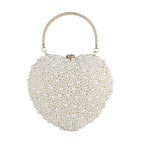 Beige Heart Shaped Clutch Bag with Luxury Metal Handle and Pearl Beads