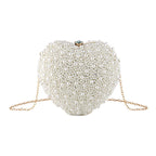 Beige Heart Shaped Clutch Bag with Luxury Metal Handle and Pearl Beads
