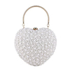 Pearl Beaded Heart Clutch Bag with Luxury Metal Handle - White