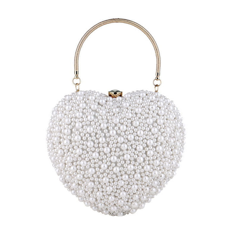 Pearl Beaded Heart Clutch Bag with Luxury Metal Handle - White