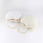 Pearl Beaded Heart Clutch Bag with Luxury Metal Handle - White