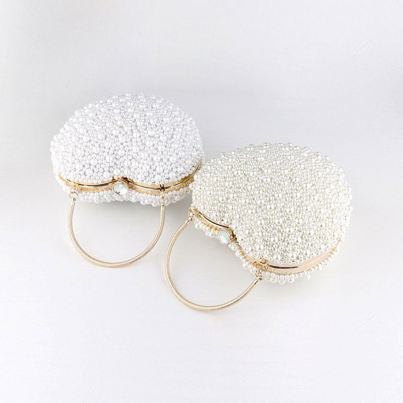 Pearl Beaded Heart Clutch Bag with Luxury Metal Handle - White