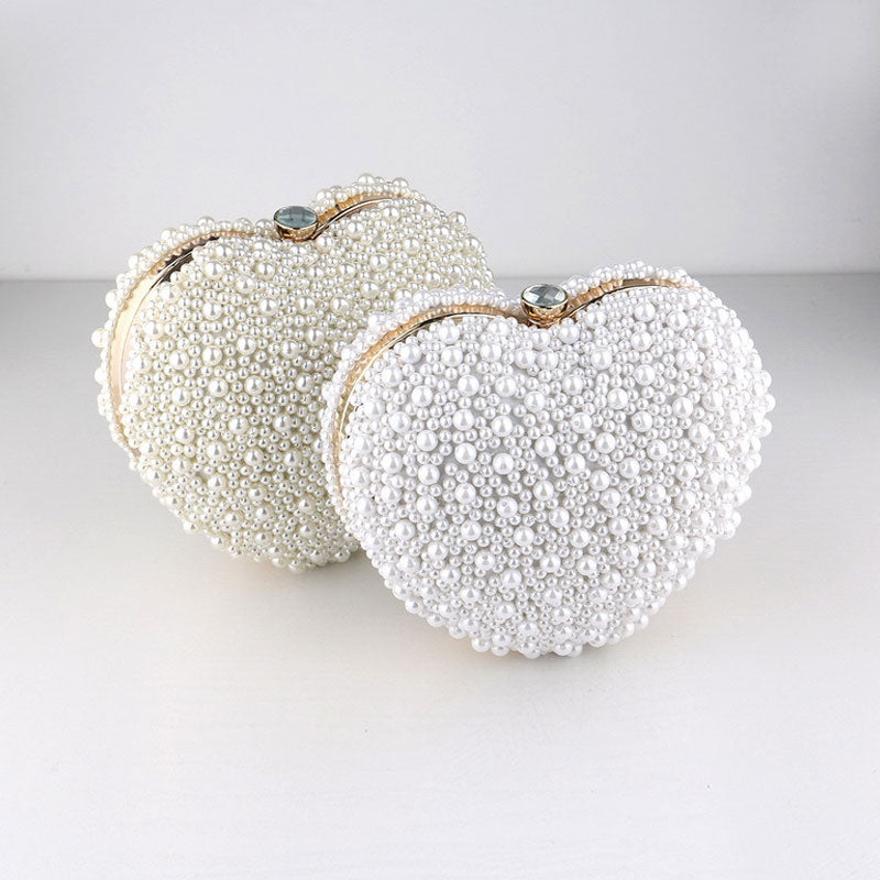 Pearl Beaded Heart Clutch Bag with Luxury Metal Handle - White