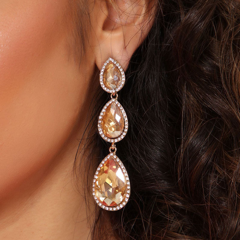 Pear Cut Crystal Triple Drop Earrings - Yellow
