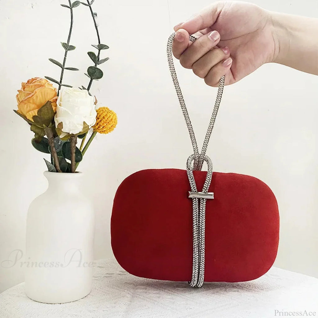 Luxury Red Velvet Crystal Handle Evening Wedding Tote Handbag