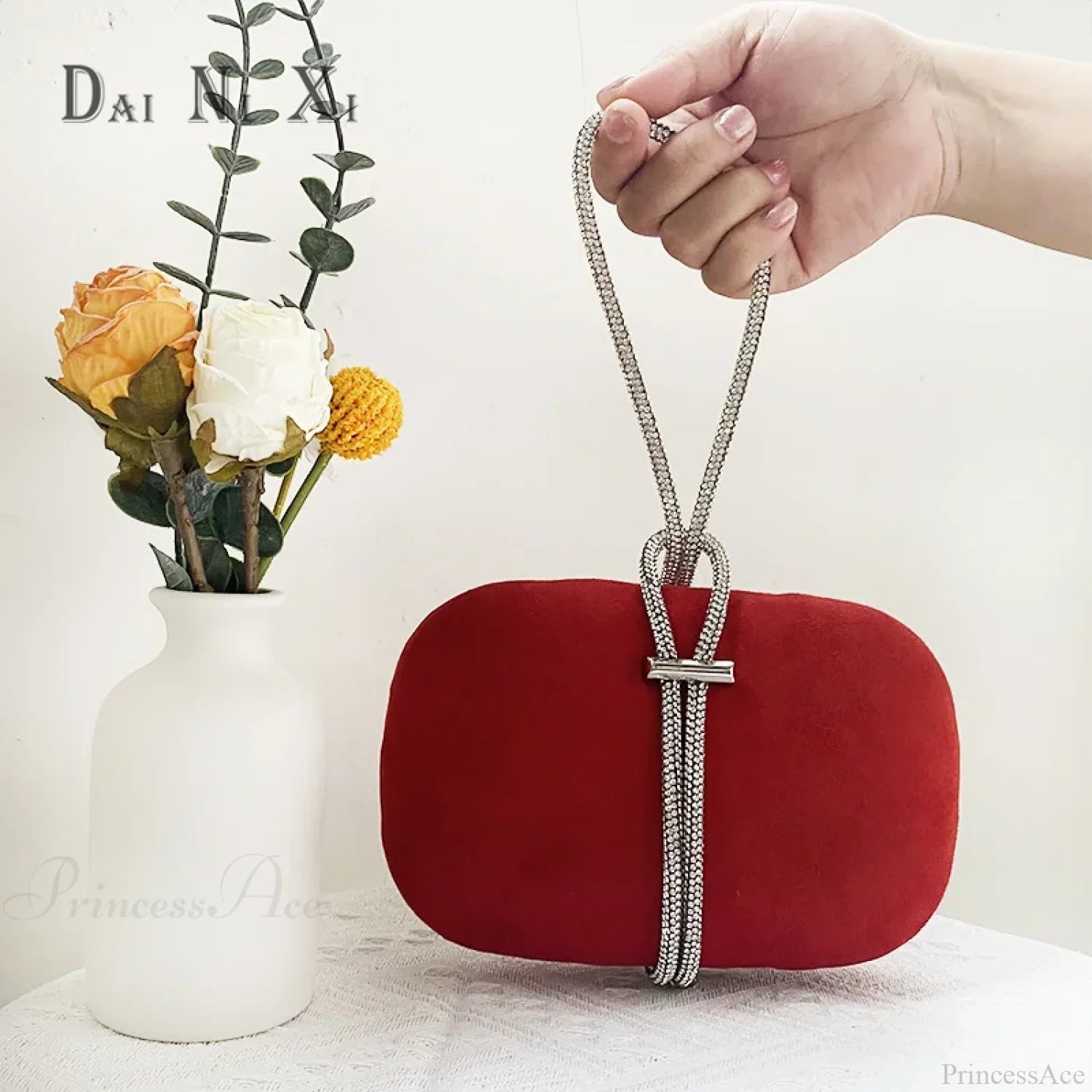 Luxury Red Velvet Crystal Handle Evening Wedding Tote Handbag