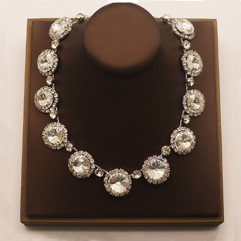 Luxury Gemstone Crystal Round Cut Collar Necklace - Silver