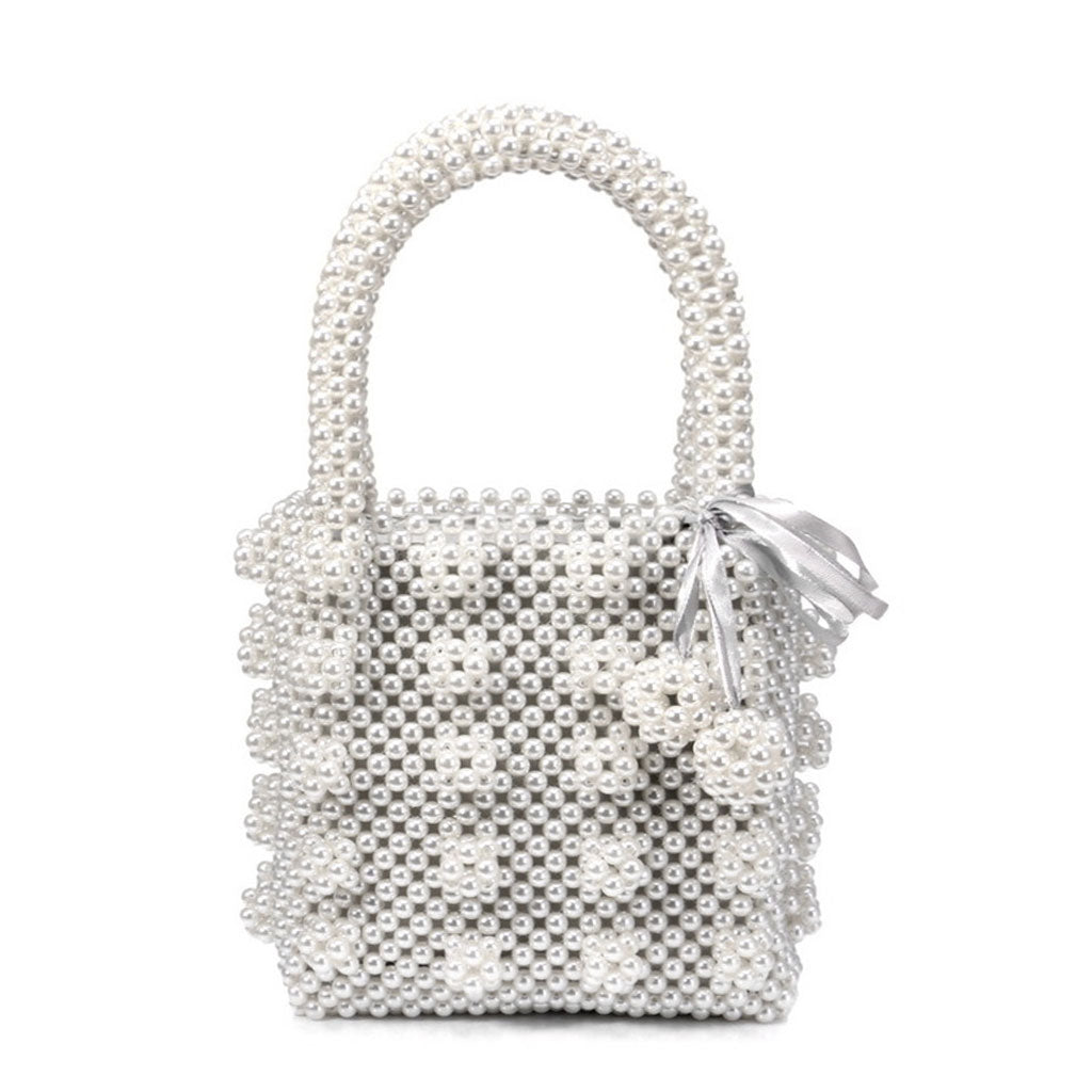 Luxury Square Top Handle Pearl Bucket Bag - White