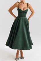Sweetheart Corset Spaghetti Strap Satin A-Line Tulle Petticoat Midi Dress