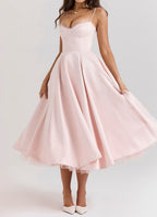 Sweetheart Corset Spaghetti Strap Satin A-Line Tulle Petticoat Midi Dress