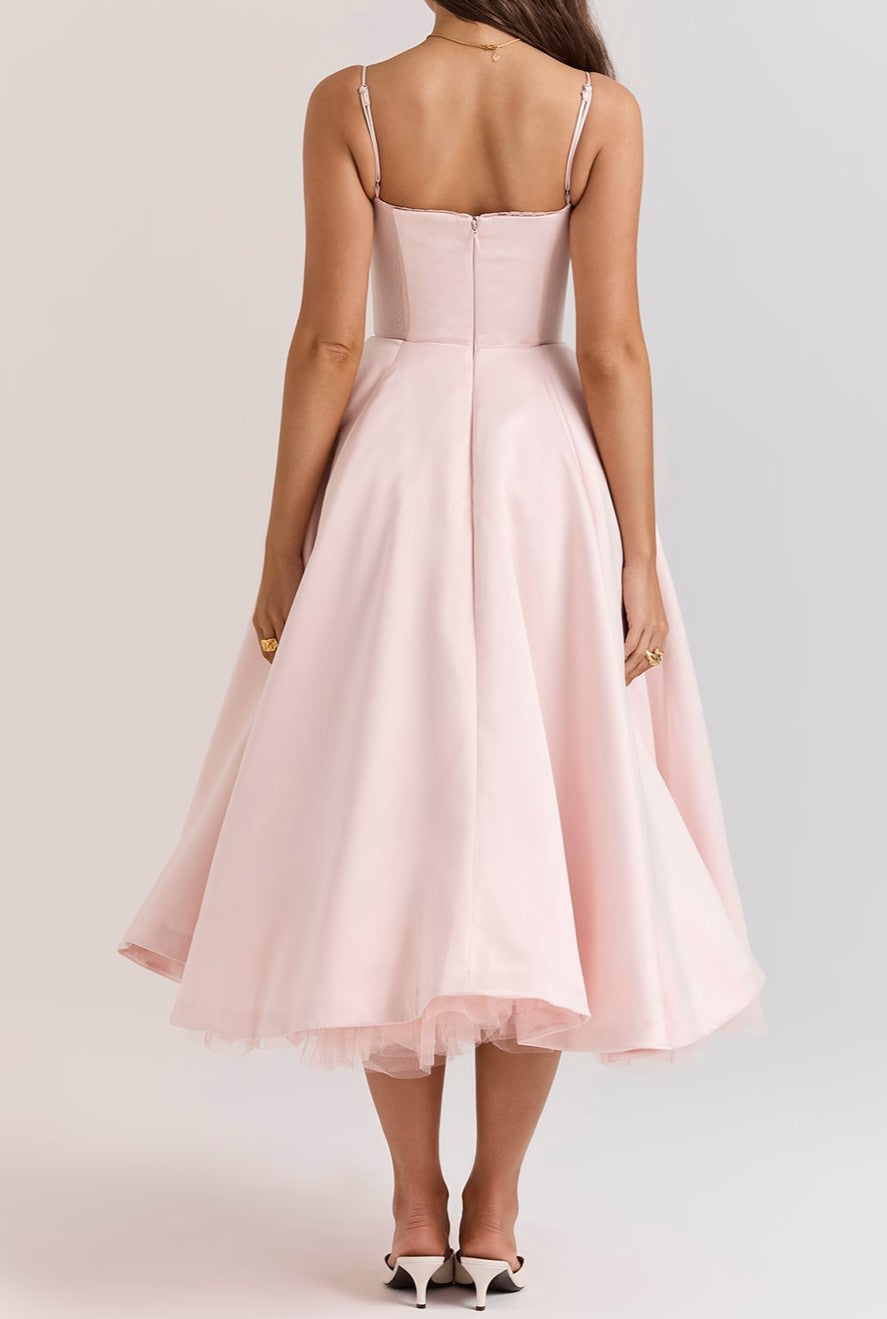 Sweetheart Corset Spaghetti Strap Satin A-Line Tulle Petticoat Midi Dress