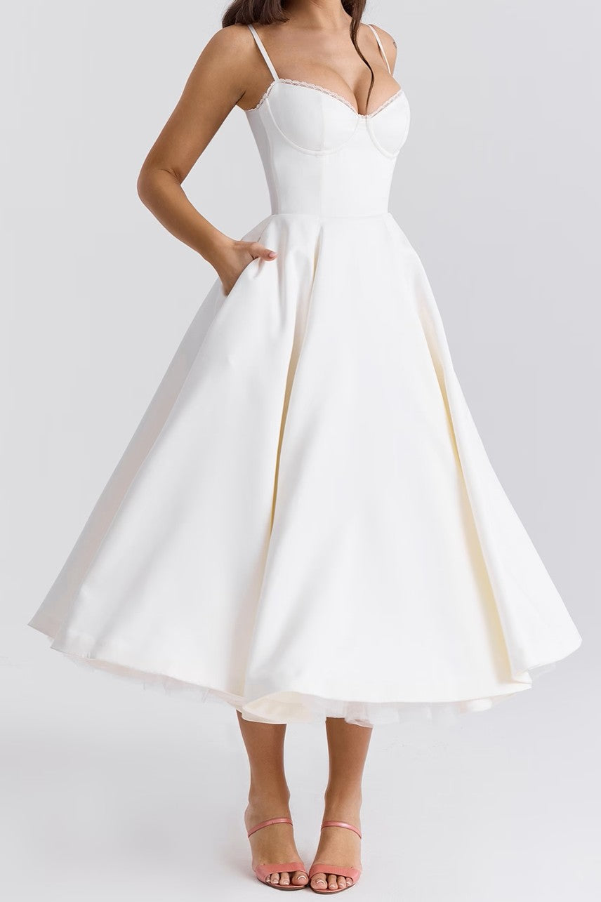 Sweetheart Corset Spaghetti Strap Satin A-Line Tulle Petticoat Midi Dress