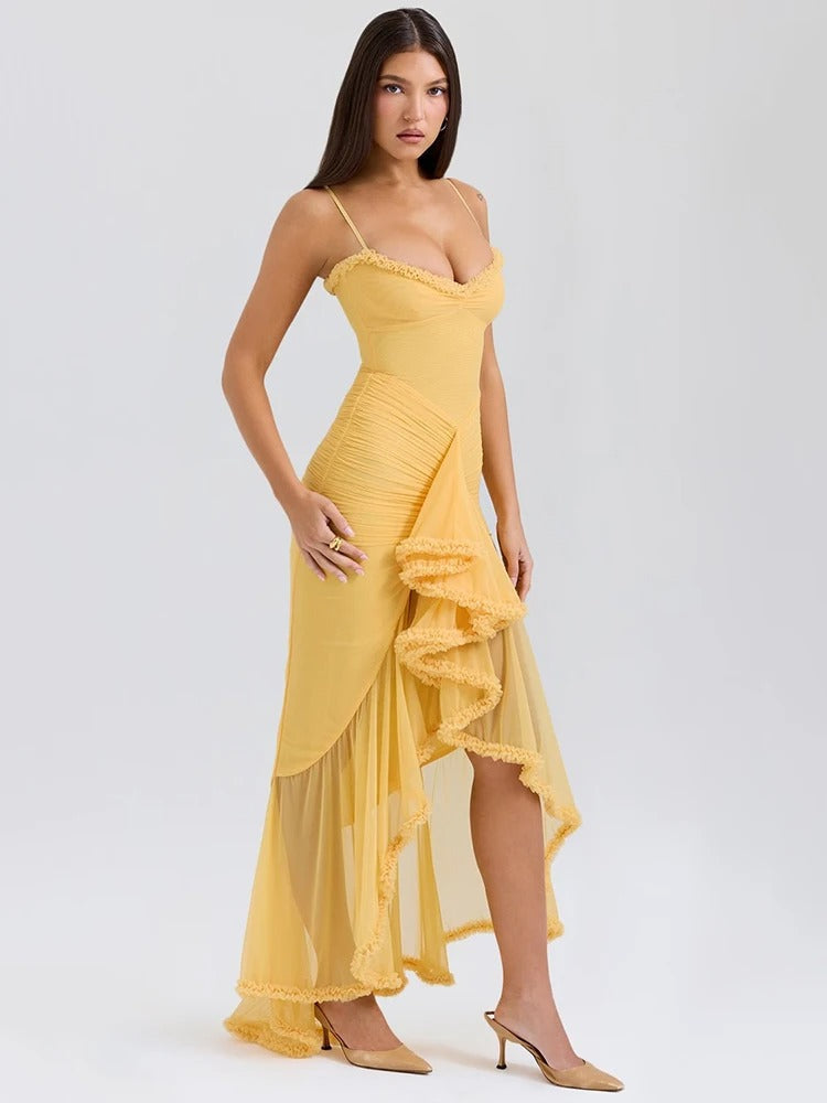 Sweetheart Spaghetti Strap Ruched Waterfall Ruffle Front Split Maxi Gown